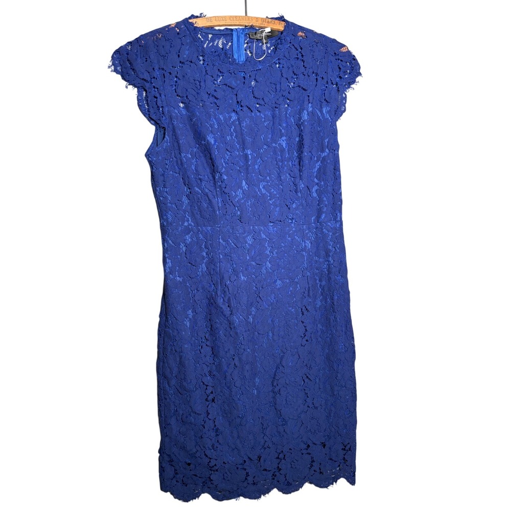 Fashion Royal Blueโ Lace Cap Sleeve Sheath Dress Floral Scalloped Hem Womens L